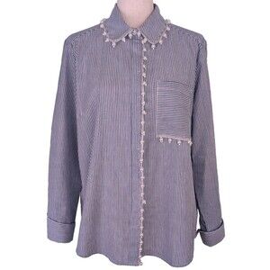 Tru Luxe Jeans Womens MED Blue Striped Pearl Lace Trim Shirt
